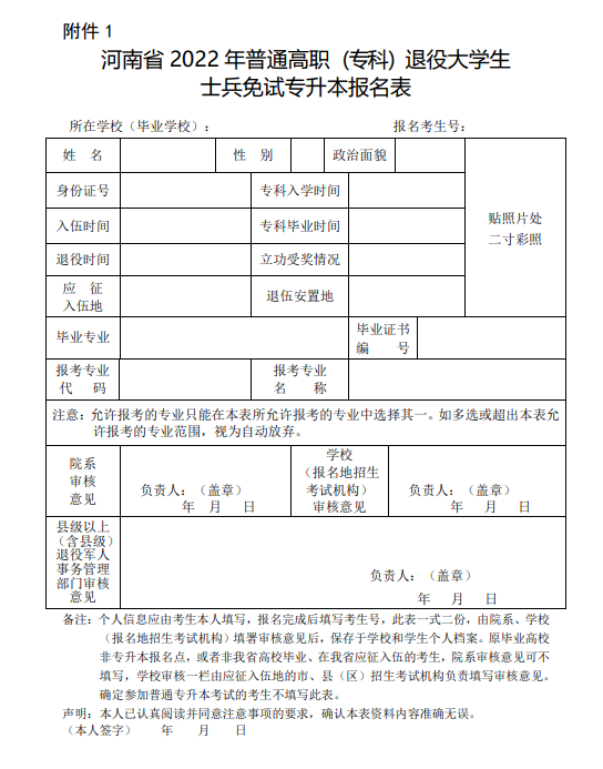 河南省2022年普通高職(?？?退役大學(xué)生士兵免試專升本報名表